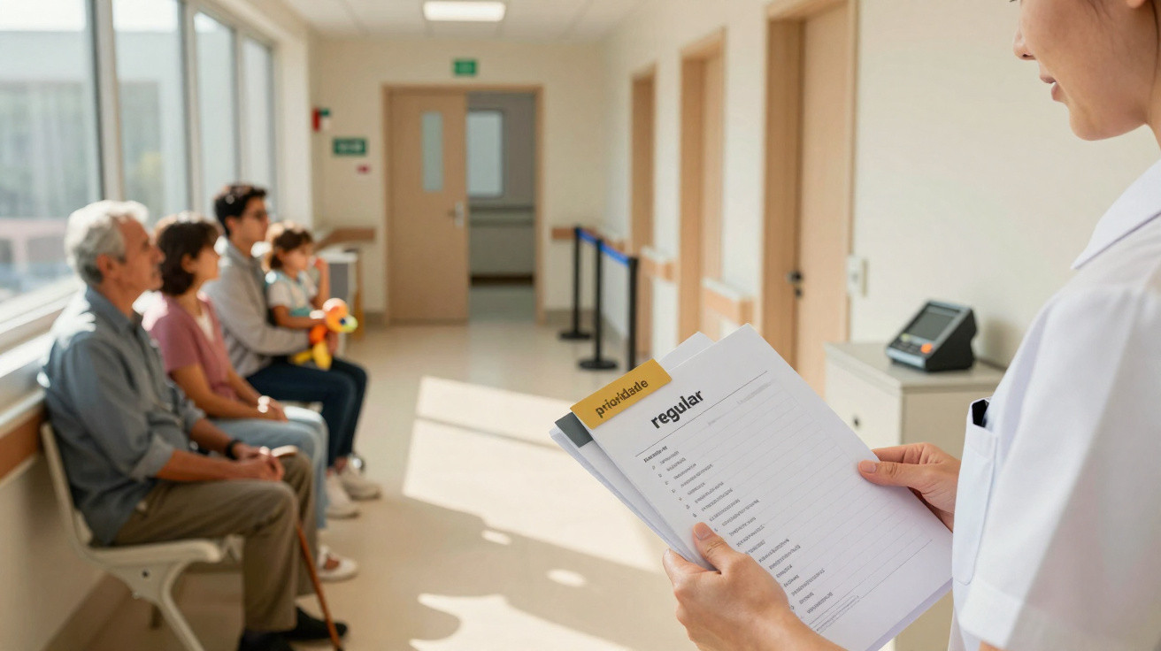 Arzt oder Pflegeperson überprüft Patientenunterlagen im hellen Wartebereich mit mehreren wartenden Personen.