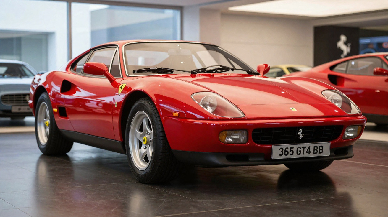 Roter Ferrari 365 GT4 BB Oldtimer in einem Showroom mit glänzendem Boden und weiteren Sportwagen im Hintergrund.