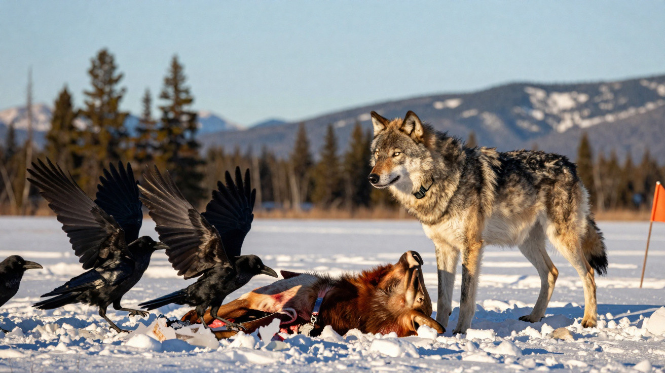 Ein Wolf steht neben einem liegenden Husky im Schnee, umgeben von fliegenden Raben in einer Winterlandschaft.