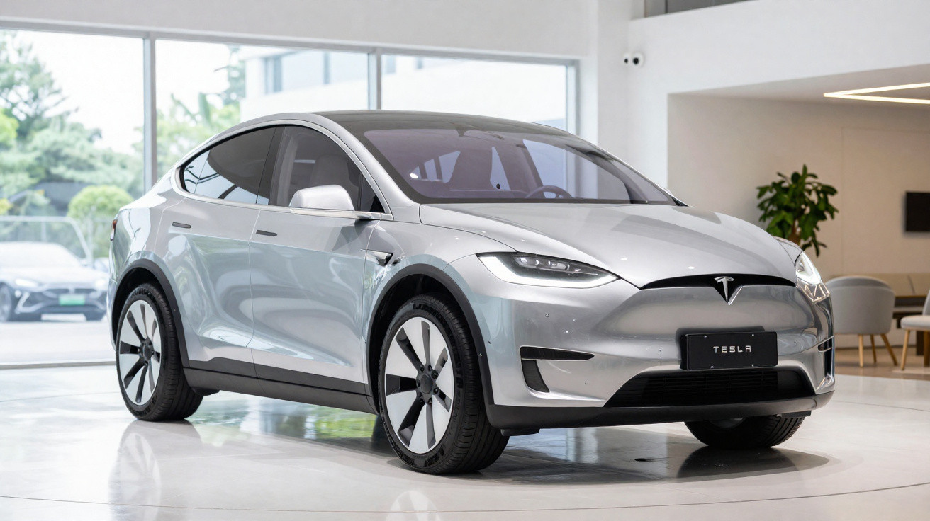 Silberner Tesla Model X Elektrowagen in modernem Showroom mit grossen Fenstern und Pflanzen im Hintergrund.