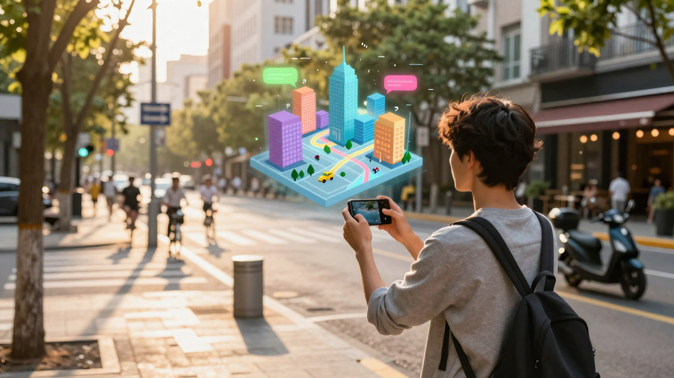 Person nutzt auf der Strasse ein Smartphone mit einer Augmented Reality Stadtkarte über der Szenerie.