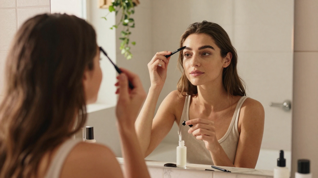 Frau trägt Augenbrauen-Make-up vor Spiegel in minimalistisch eingerichteter Badezimmerumgebung auf.