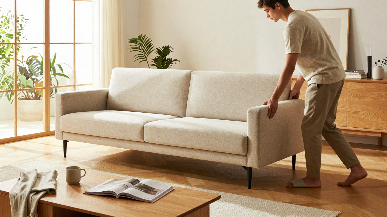 Junger Mann stellt ein hellbeiges Sofa in einem modernen, lichtdurchfluteten Wohnzimmer mit Holzparkett auf.