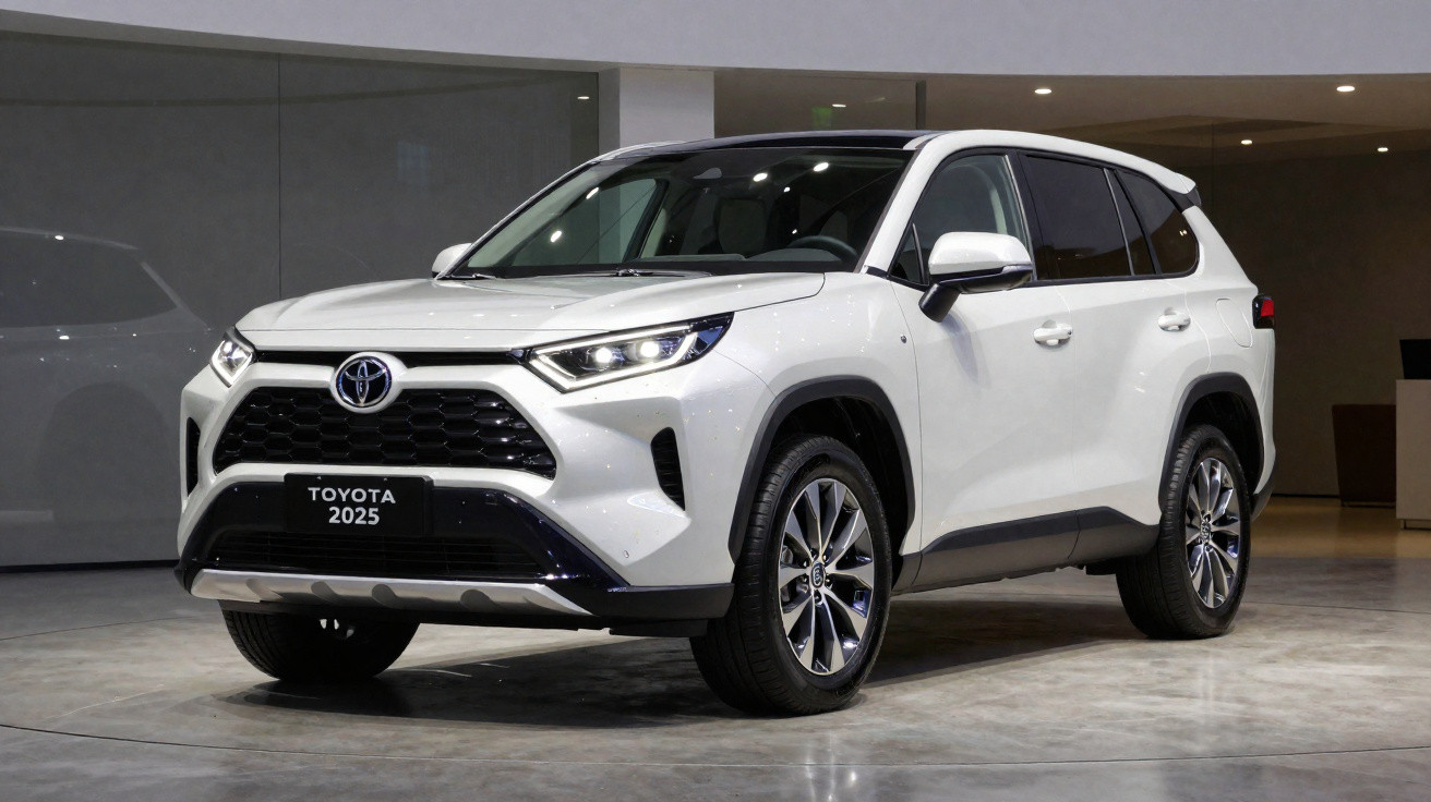 Weisser Toyota SUV Modell 2025 in modernem Showroom mit glänzendem Boden und Deckenbeleuchtung.