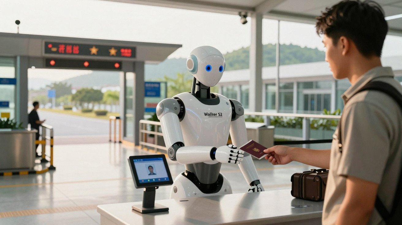 Roboter am Flughafen kontrolliert Reisepass eines Passagiers an der Einreisekontrolle.