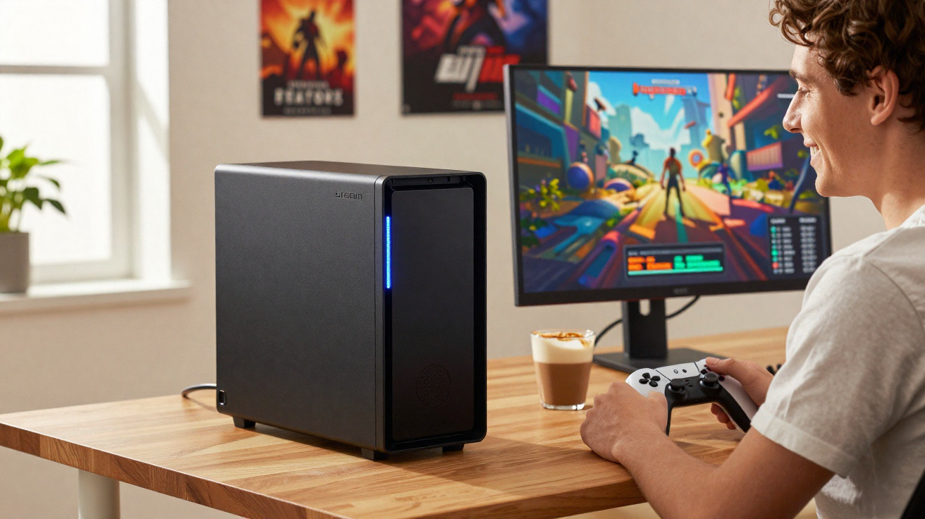 Junger Mann spielt Computerspiel mit Gamecontroller vor Monitor und kleinem schwarzen PC-Gehäuse auf Holztisch.