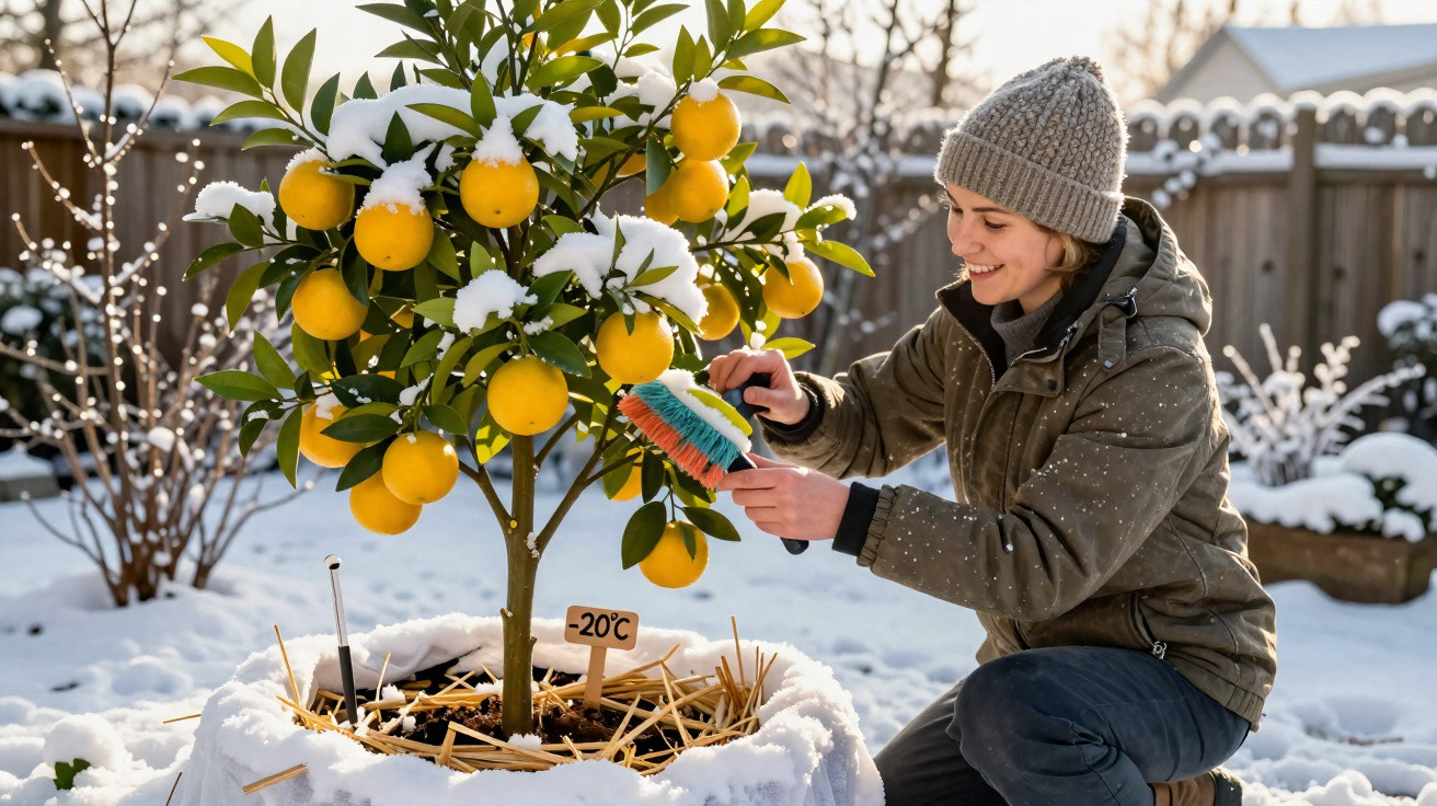 Frau bürstet Orangenbaum im Schnee bei −20°C, winterliche Gartenarbeit mit warmer Kleidung und Mütze.