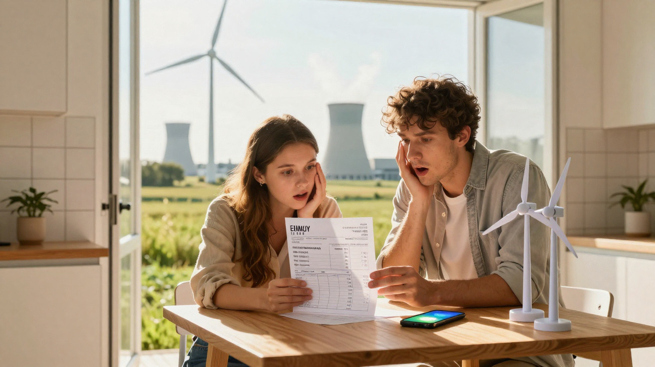 Junges Paar erschrocken über hohe Stromrechnung, Windräder und Kraftwerk im Hintergrund sichtbar.