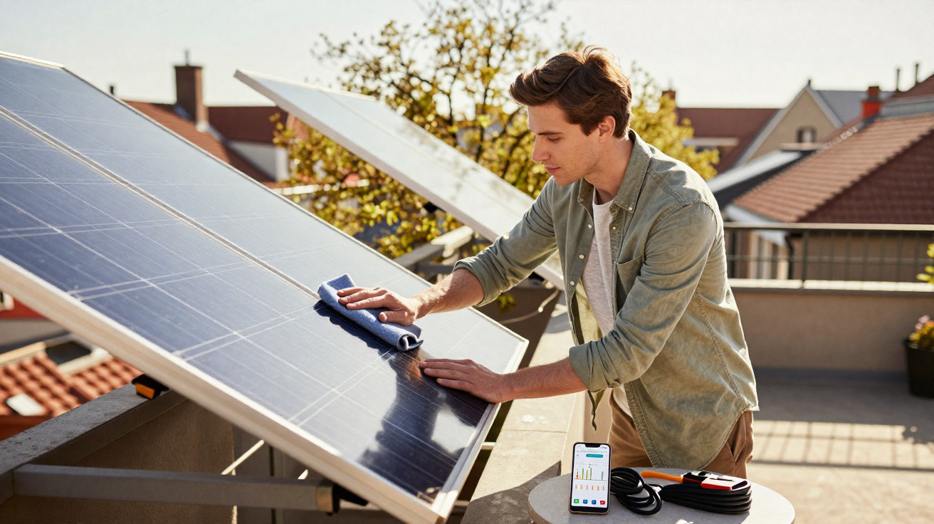 Junger Mann reinigt Solarpanel auf Balkon, neben ihm Smartphone mit Energie-Diagramm und Messgerät.