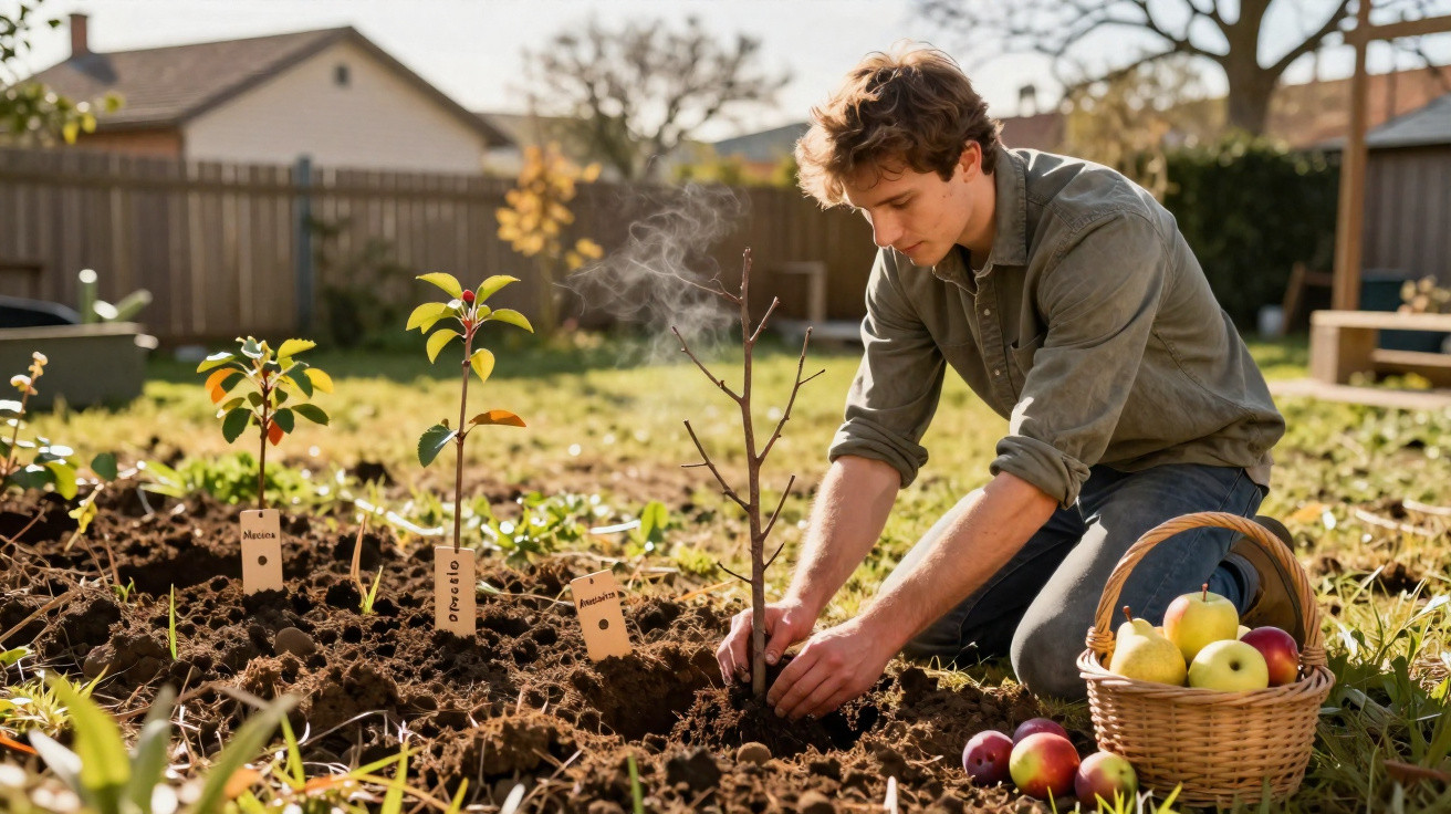 Mann pflanzt jungen Baum in Garten, daneben Korb mit Äpfeln und mehrere beschriftete Pflanzenstecker.