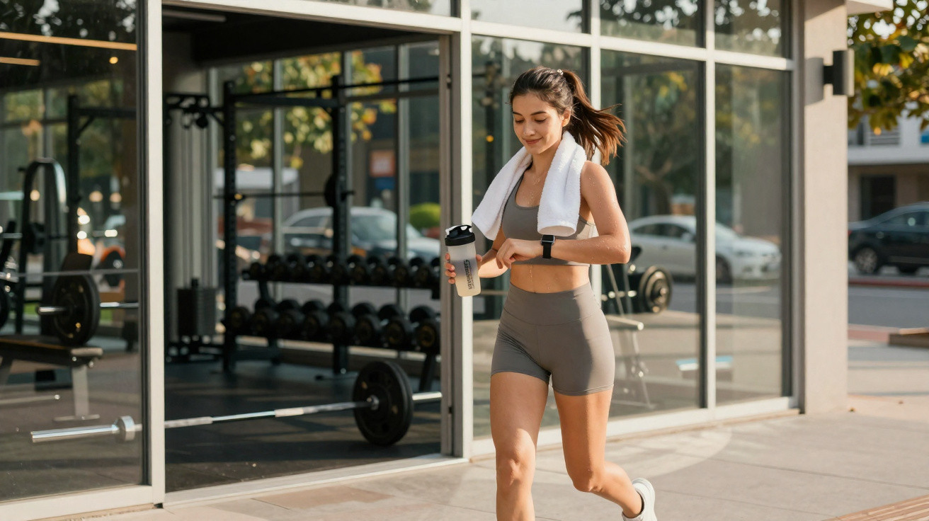Junge Frau joggt draussen vor Fitnessstudio mit Wasserflasche und Handtuch um den Hals.