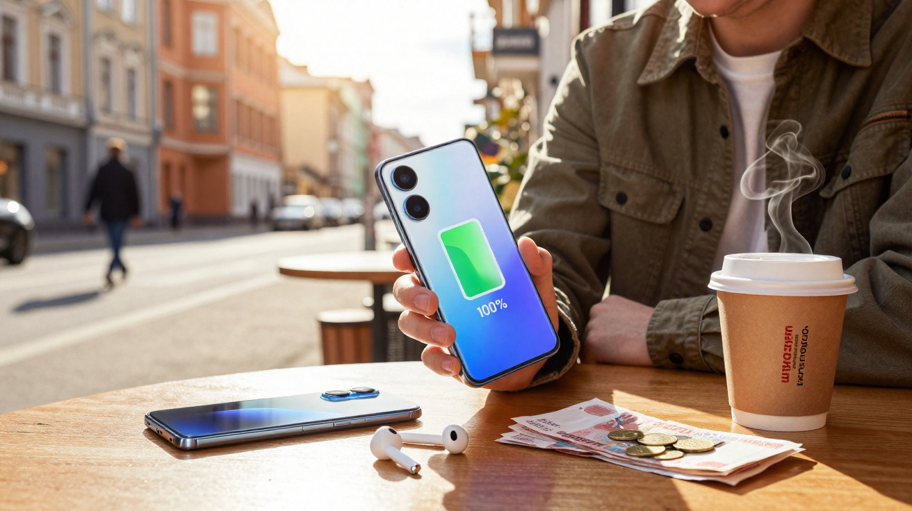 Person hält Smartphone mit 100% Akkuanzeige, auf Holztisch liegen weiteres Handy, Ohrhörer, Geldscheine und dampfender Kaffee