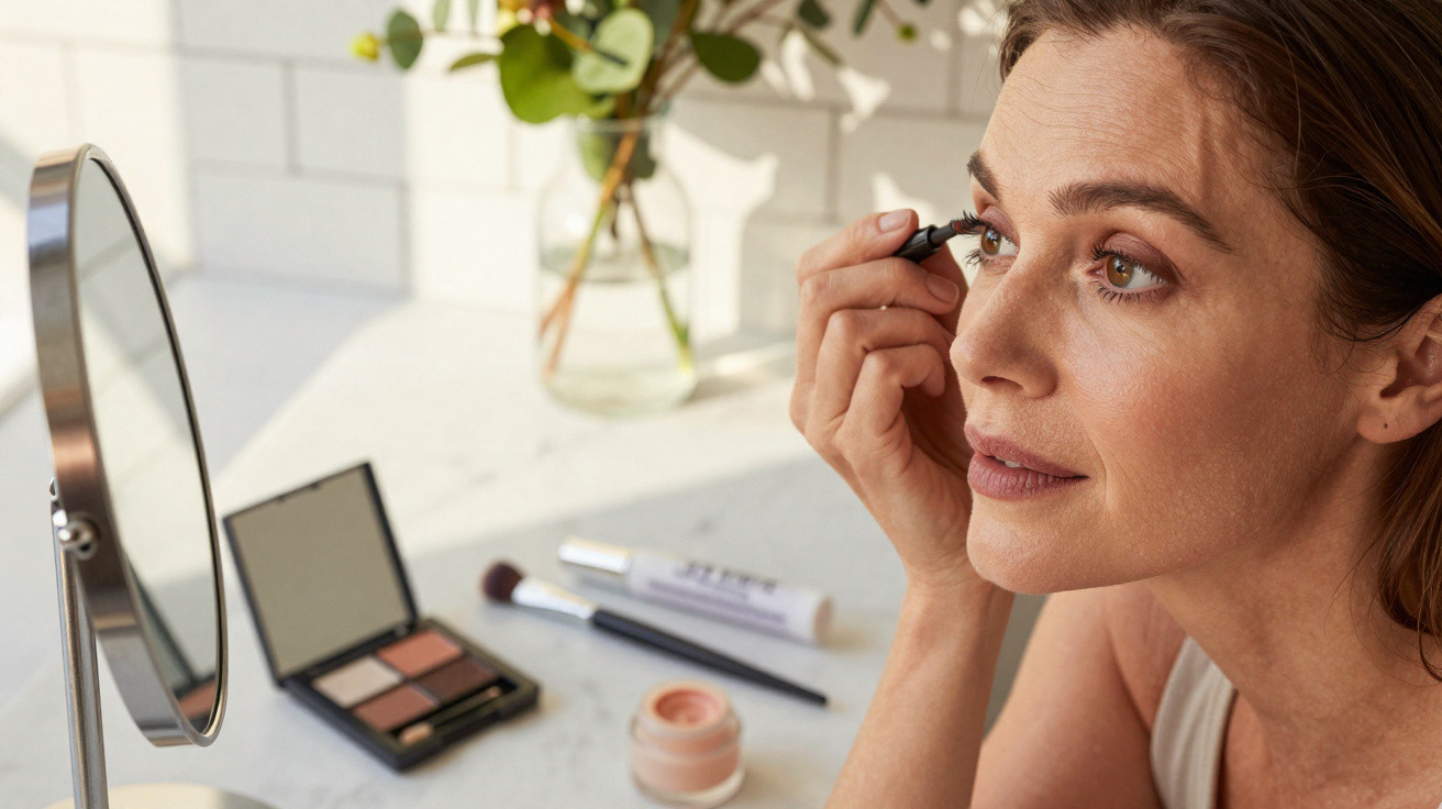 Frau trägt Make-up auf, schaut in einen runden Spiegel auf einem Tisch mit verschiedenen Kosmetikartikeln.