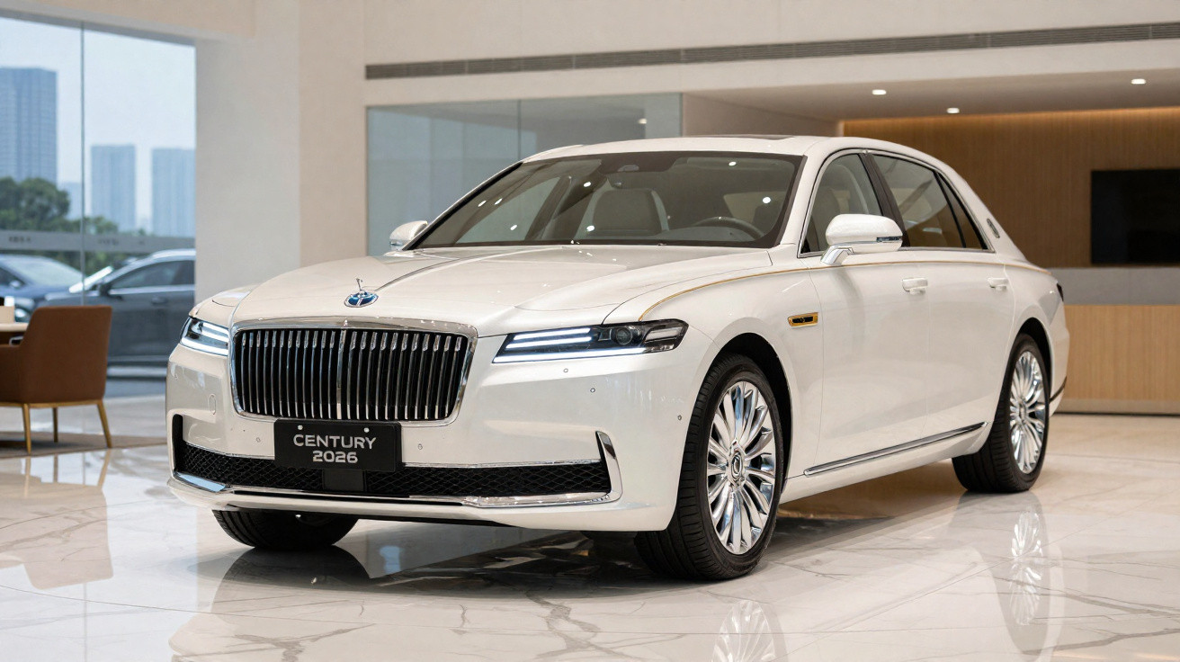 Weisser Luxus-Limousinenwagen Toyota Century 2026 in modernem Showroom mit Marmorboden.