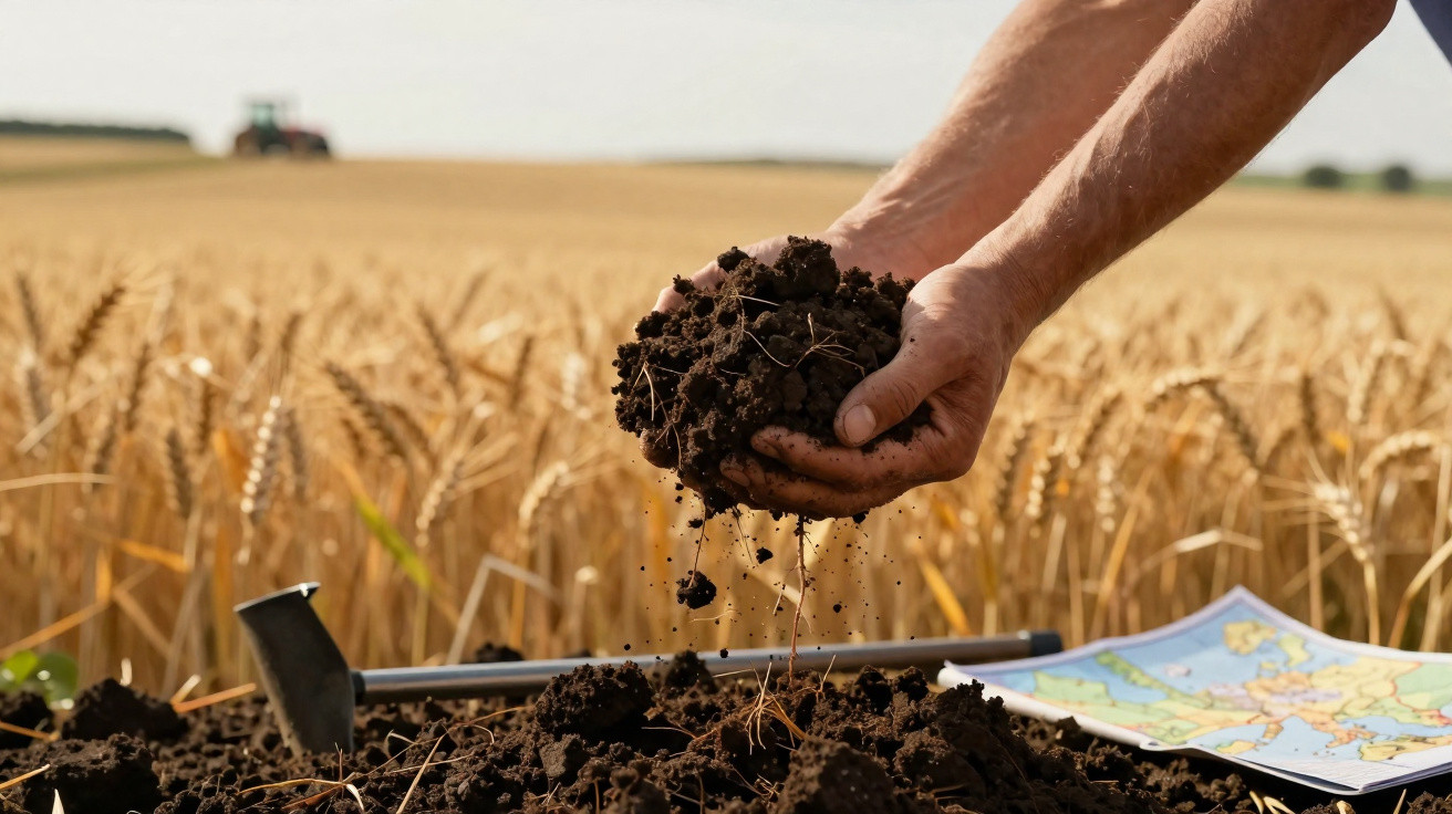 Hände halten fruchtbare Erde auf einem Feld mit reifem Getreide, im Hintergrund Traktor und Landkarte.