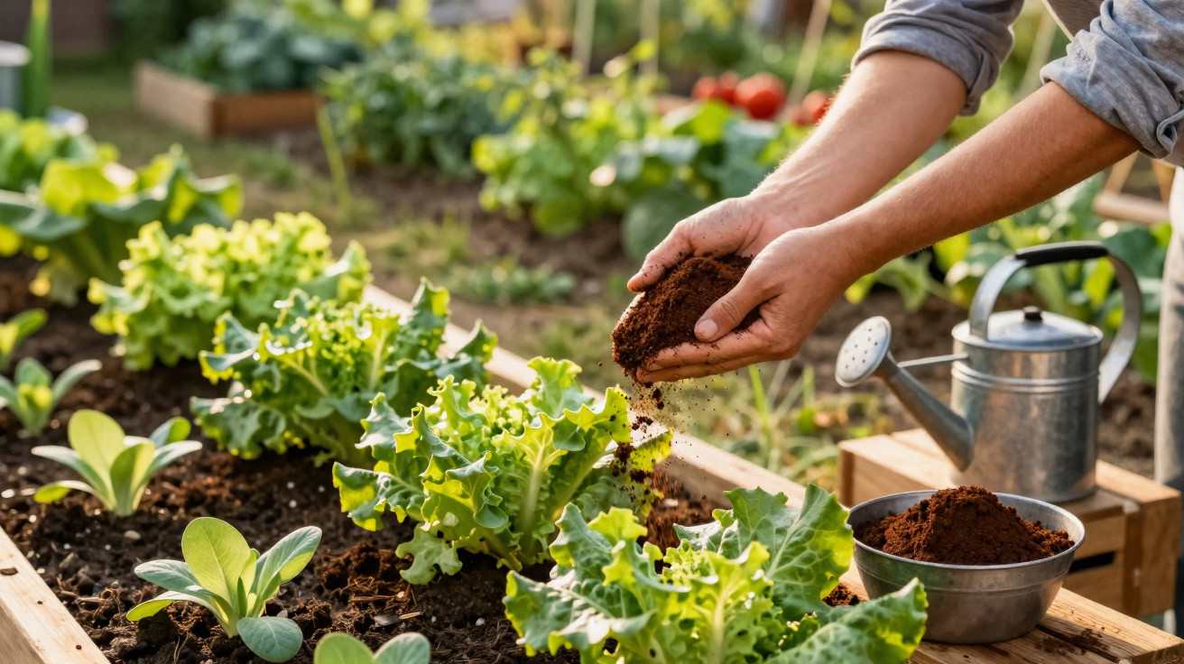 Person fügt Kompost zu Salatpflanzen in einem Hochbeet im Garten hinzu, Gieskanne im Hintergrund.