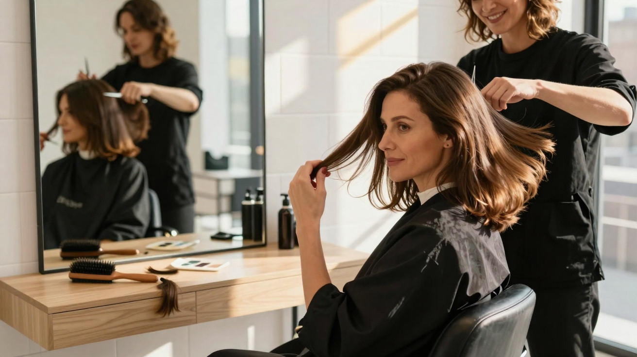 Frau beim Friseurbesuch prüft Frisur im Spiegel, Friseurin kämmt ihr braunes Haar.