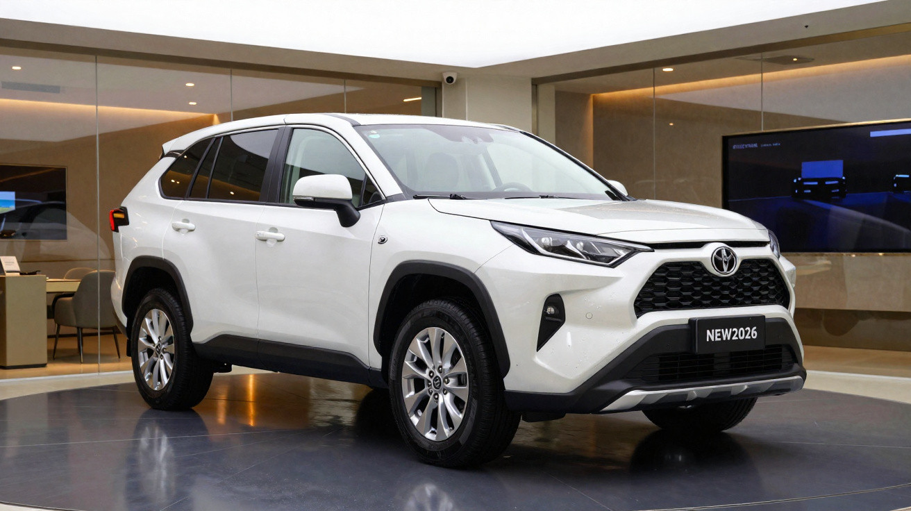 Weisser Toyota SUV steht auf einer Ausstellungsplattform in modernem Showroom mit Glaswänden und Beleuchtung.