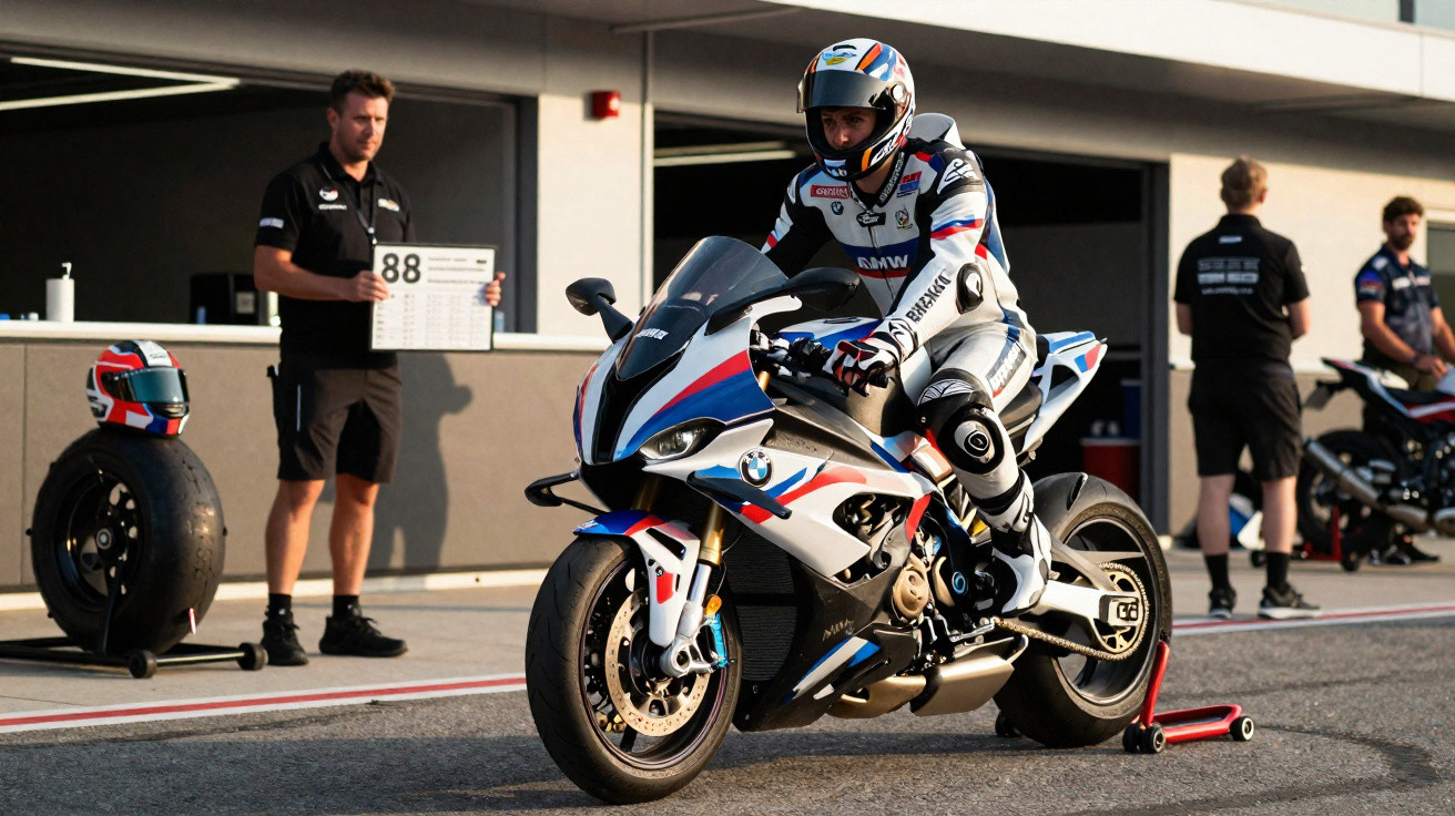 Motorradrennfahrer in BMW-Rennleidung auf Rennstrecke, Teammitglieder und Ersatzreifen im Hintergrund.