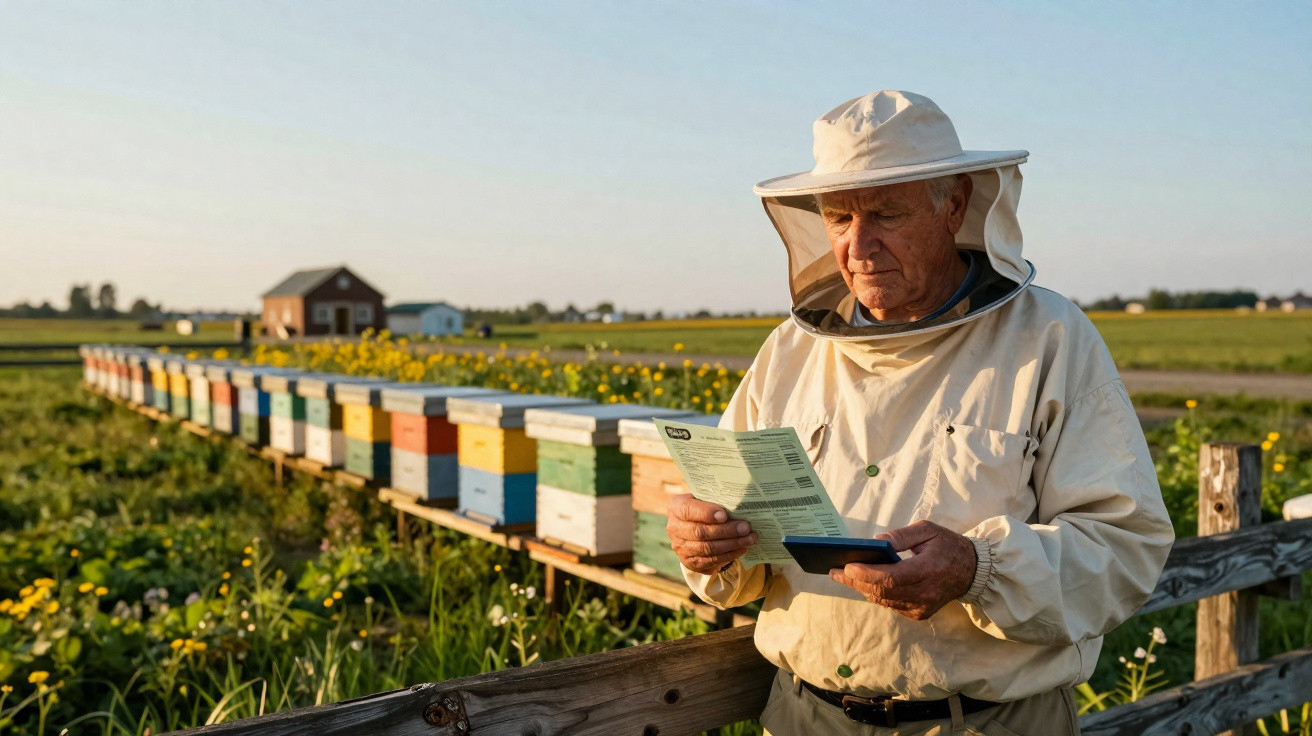 Imker in Schutzkleidung liest Anweisungen vor farbigen Bienenstöcken auf einem blumenreichen Feld bei Sonnenlicht.