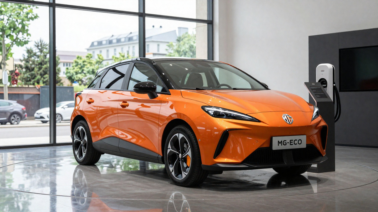 Orangenes elektrisches Stadtauto MG ECO in einem hellen Showroom, neben Ladestation stehend.