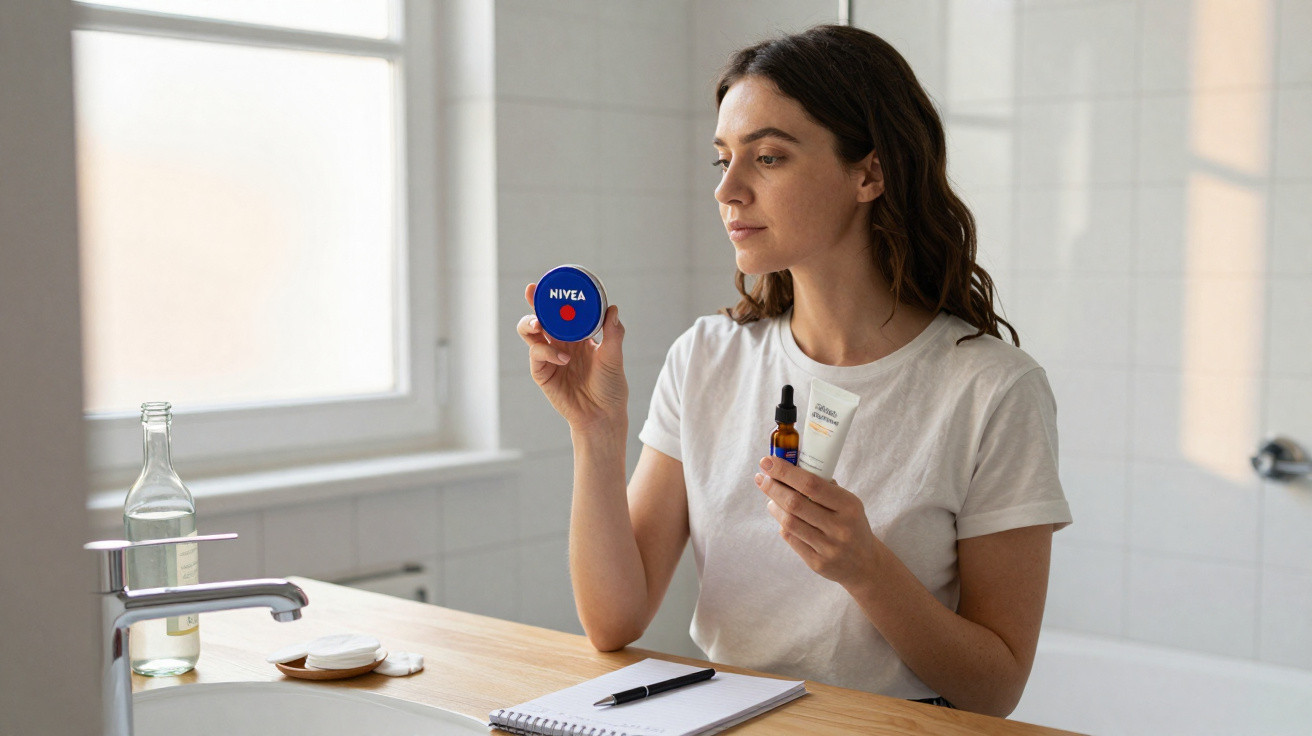 Frau hält Nivea Creme, Gesichtsserum und Creme im hellen Badezimmer mit Notizblock auf Tisch.