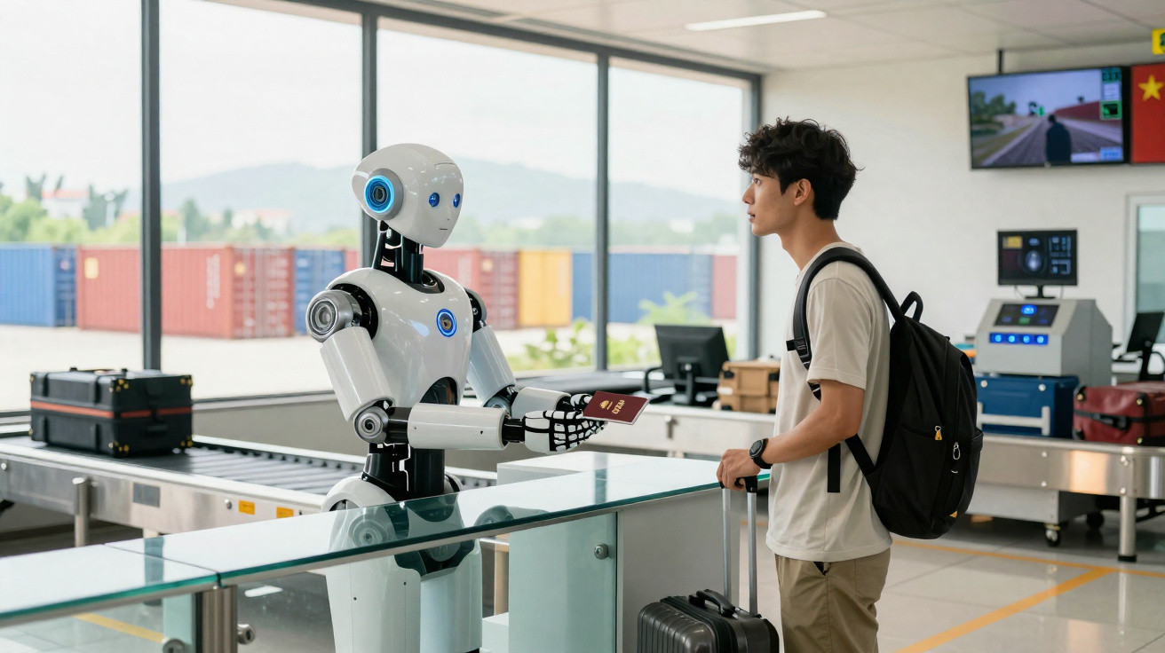 Ein Roboter kontrolliert beim Check-in am Flughafen den Pass eines jungen Mannes mit Koffer.