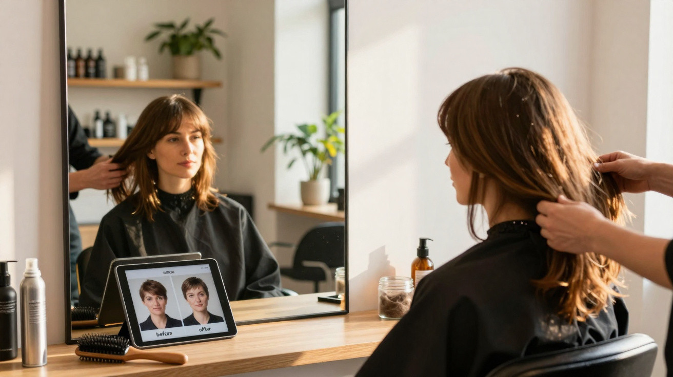 Frau sitzt im Coiffeursalon, blickt in den Spiegel, während Stylist Haare bearbeitet, vor ihr Tablet mit Vorher-Nachher-Bild.