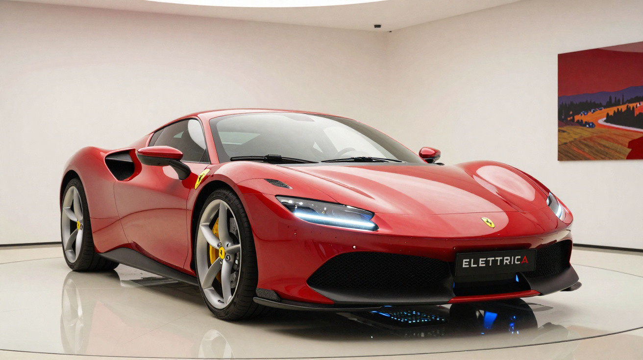 Roter Ferrari Elettrica Sportwagen in modernem Ausstellungsraum mit Kunstwerk an der Wand.