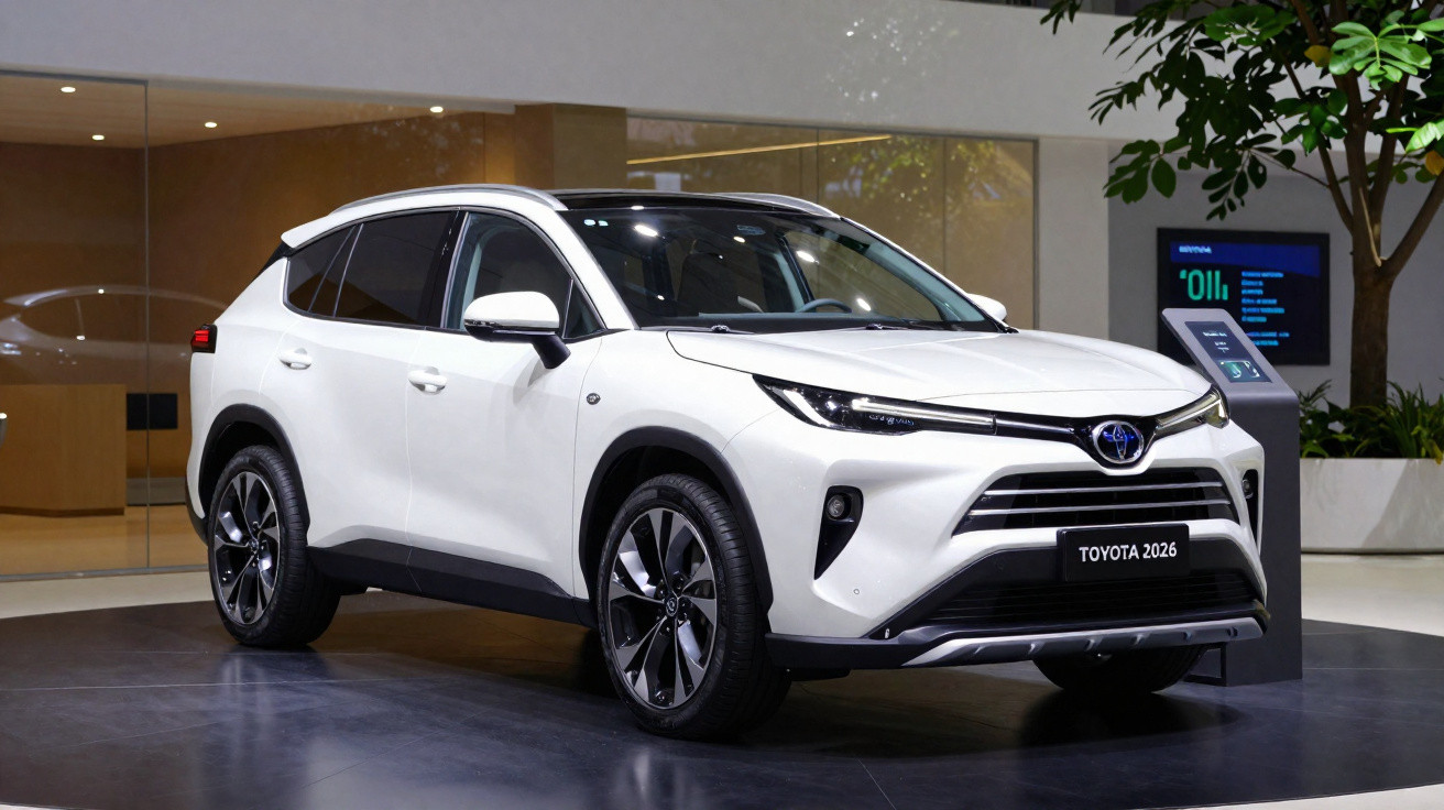 Weisser Toyota SUV 2026 Modell, modern gestaltet, in einer hellen Ausstellungshalle stehend.
