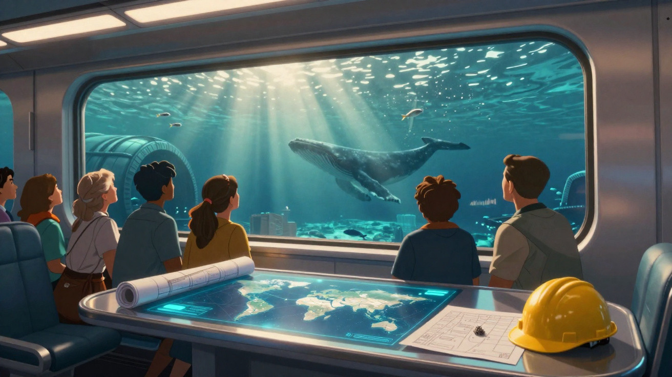 Gruppe von Menschen beobachtet eine Buckelwal im Aquarium durch ein grosses Panoramafenster unter Wasser.