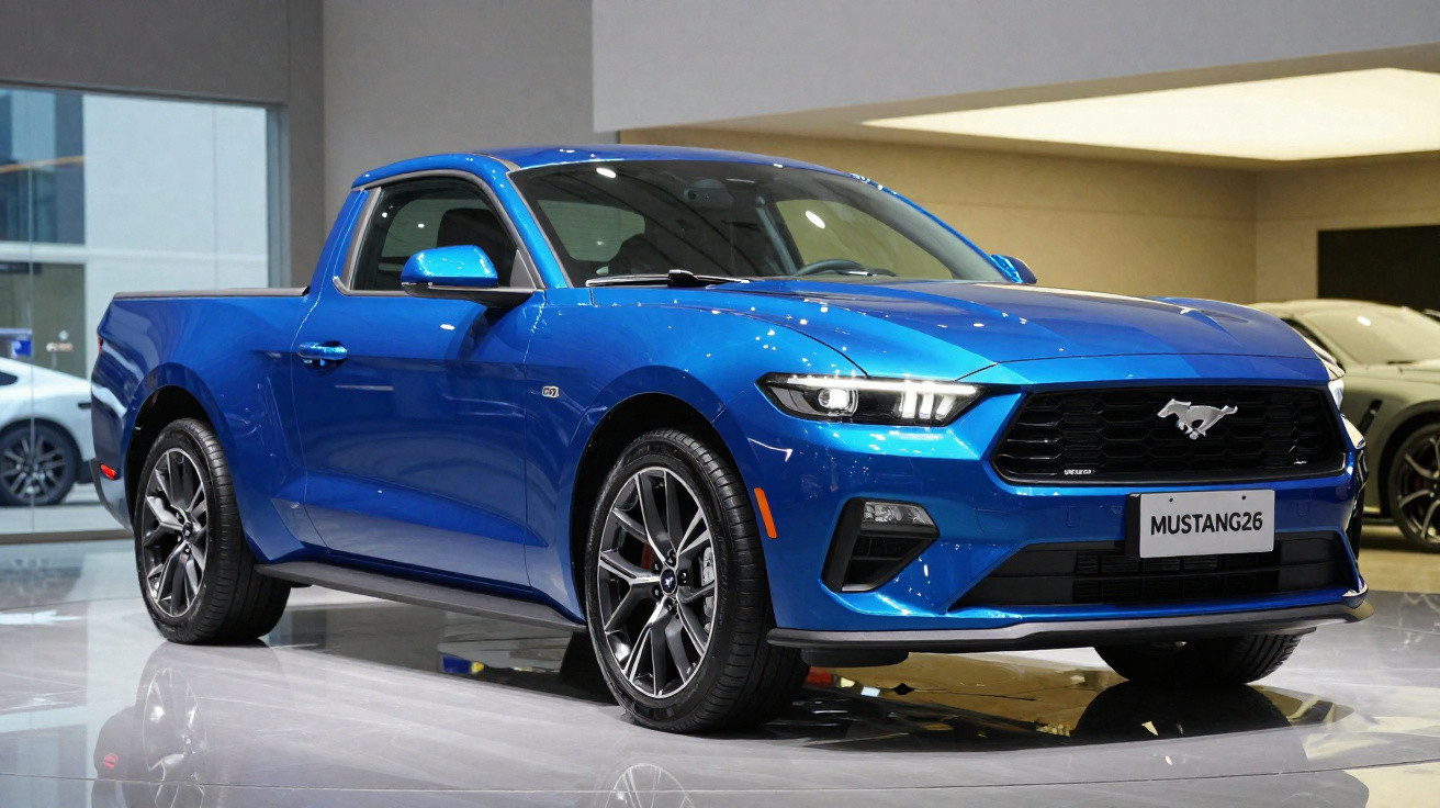 Blauer Ford Mustang Pickup im Showroom mit glänzendem Lack und sportlichem Design.