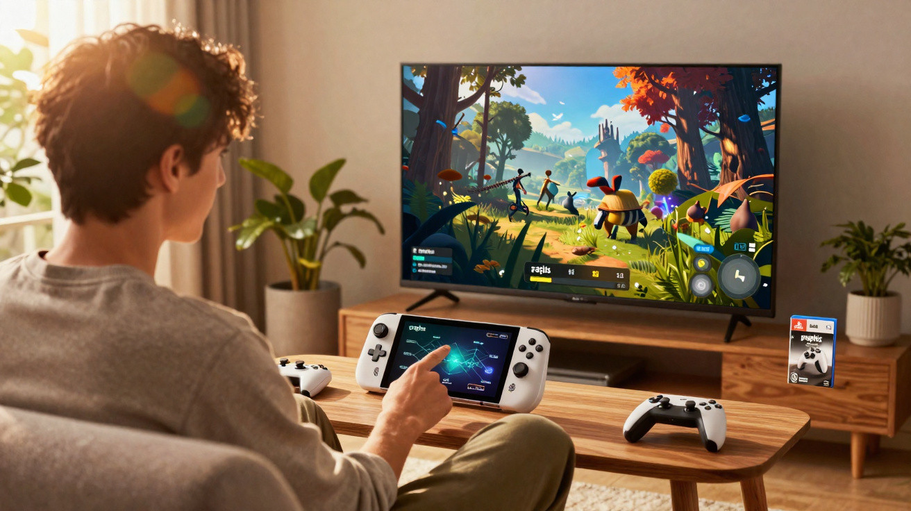 Person sitzt auf Sofa und spielt Videospiel mit Handheld-Konsole vor Fernseher im Wohnzimmer.