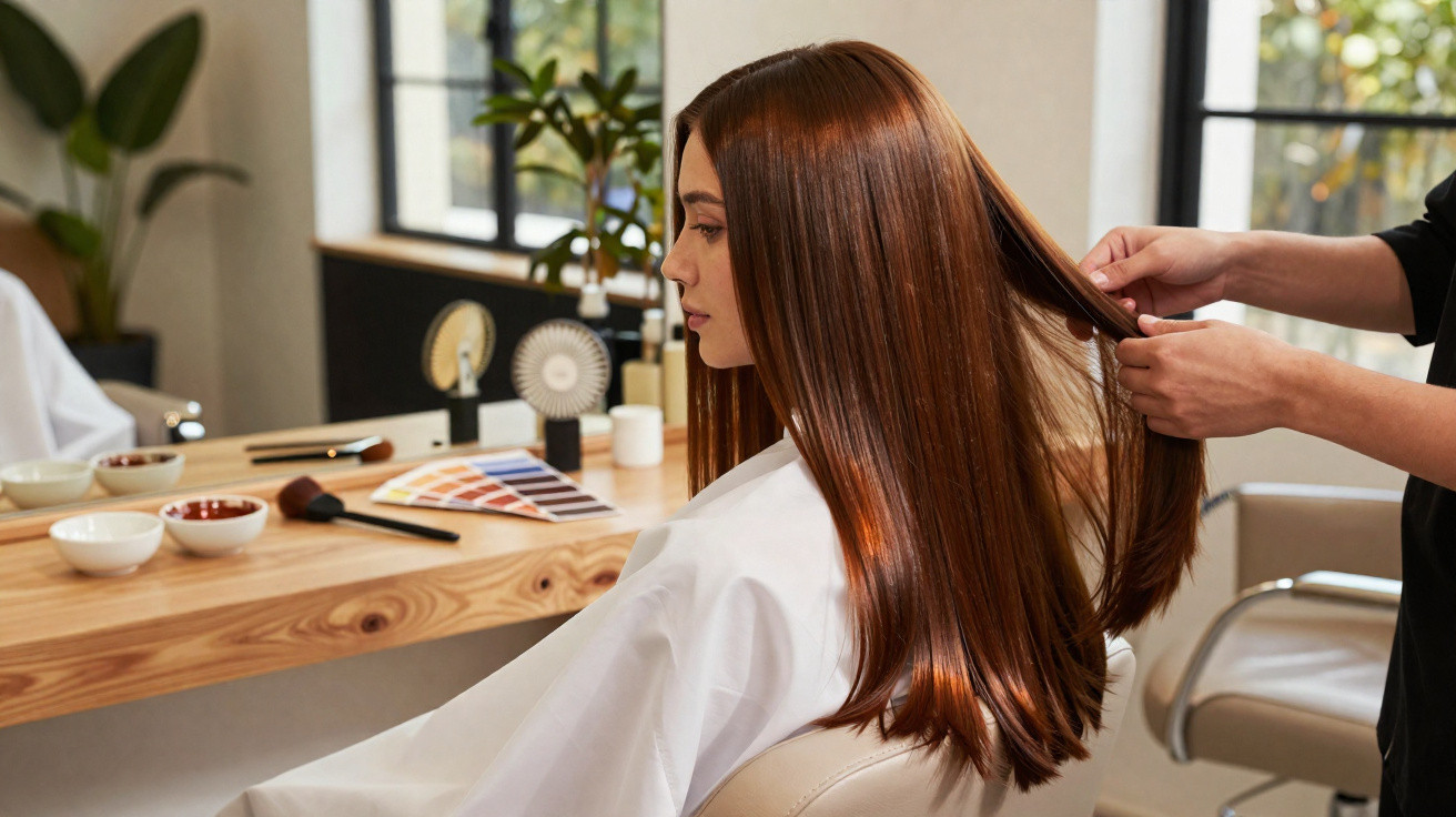 Frau im Friseursalon lässt Haare von Fachperson für Haarstyling bearbeiten.