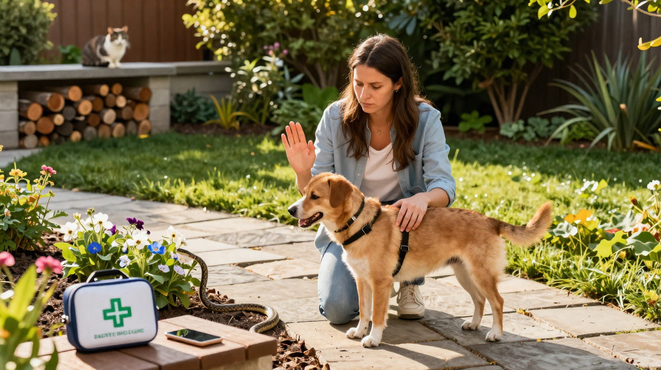 Frau schützt Hund vor Schlange im Garten, Ersthilfekoffer und Katze im Hintergrund sichtbar.