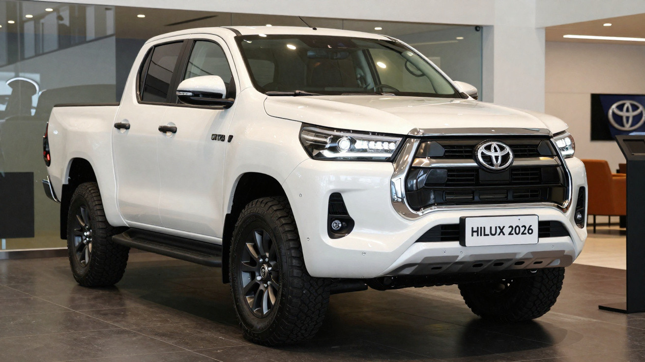 Weisser Toyota Hilux 2026 Pick-up im Showroom mit modernen LED-Scheinwerfern und robustem Design.