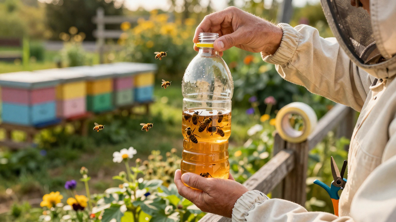 Imker hält eine mit Honig gefüllte Flasche, umgeben von Bienen und bunten Bienenstöcken im Garten.