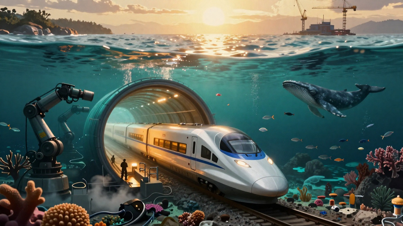 Hochgeschwindigkeitszug fährt durch Unterwassertunnel mit Meeresbewohnern und Korallen im Meeressichtfeld.