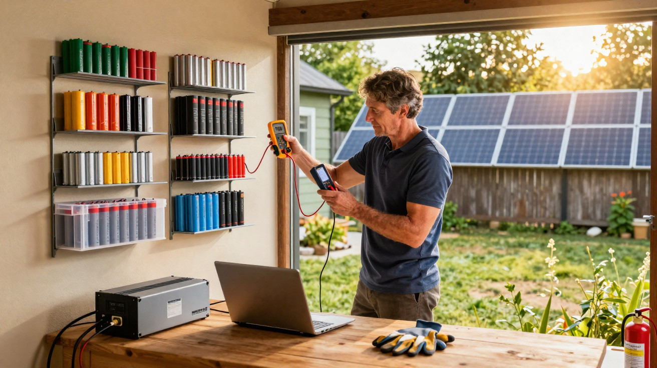 Mann misst mit Messgerät Batterien in einer Werkstatt mit Solarpanelen im Garten im Hintergrund.