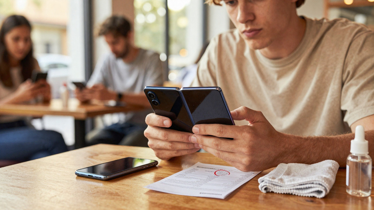 Junger Mann nutzt ein klappbares Smartphone im Café, hinten zwei weitere Personen mit Handys am Tisch.