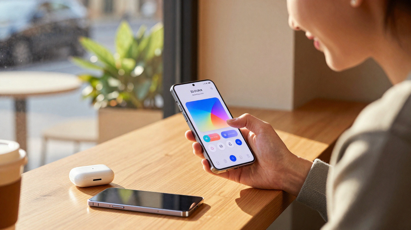Person hält Smartphone und steuert mit App die intelligente Beleuchtung im hellen Raum am Holztisch.