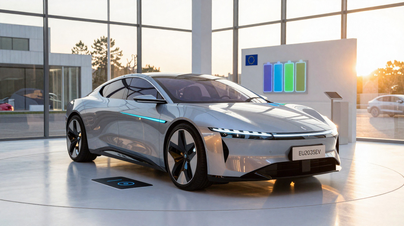 Silbernes Elektroauto in modernem Showroom mit grossen Fenstern und Batteriesymbol im Hintergrund bei Sonnenuntergang.