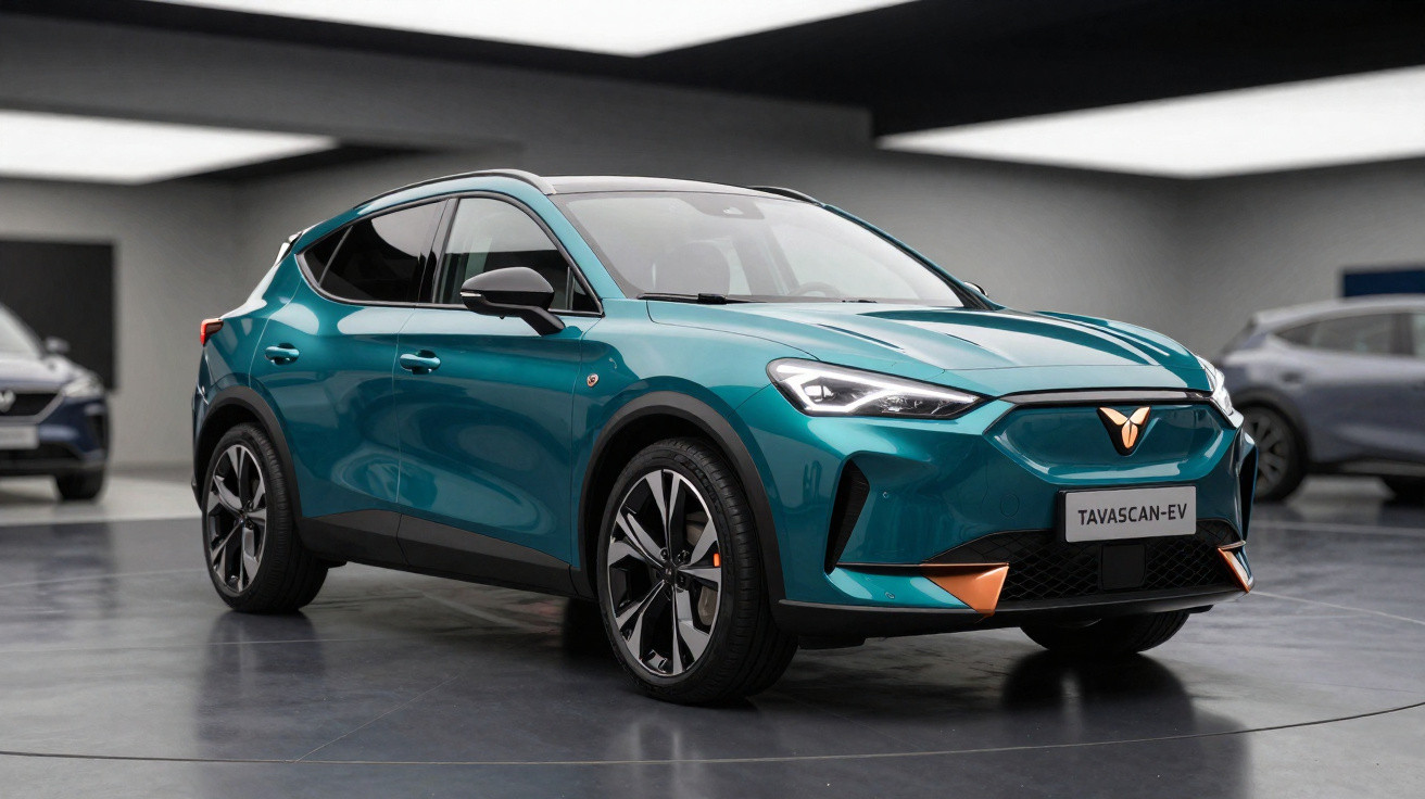 Türkisfarbener, moderner Elektro-SUV Cupra Tavascan EV in hellem Ausstellungsraum.