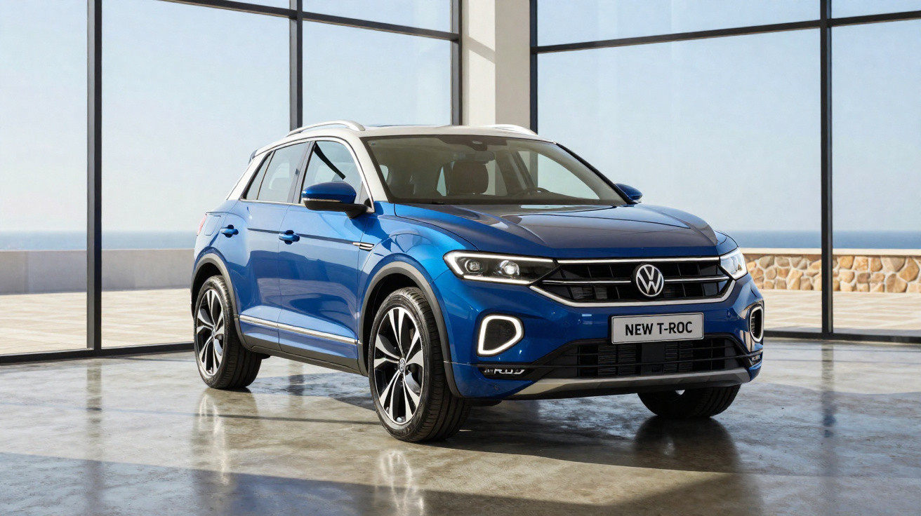Blau-weisser Volkswagen T-Roc SUV steht in hellem Raum mit grossen Fenstern, Meer im Hintergrund sichtbar.