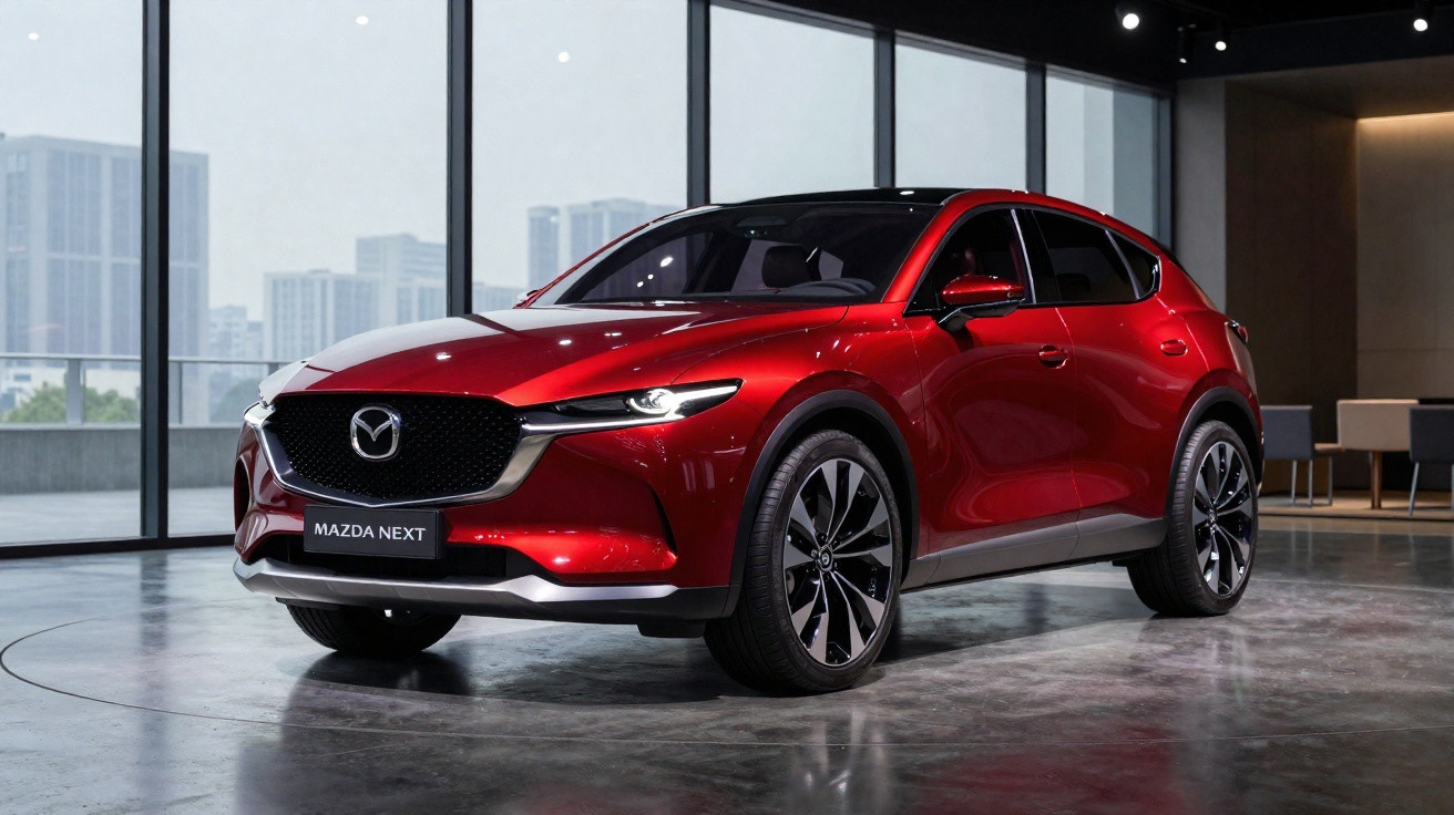 Roter Mazda SUV vor grossen Fenstern in modernem Showroom mit Stadtblick im Hintergrund.