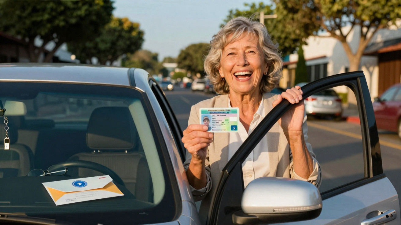 Glückliche ältere Frau steht neben Auto, hält Führerausweis in der Hand, hat Autotür geöffnet.