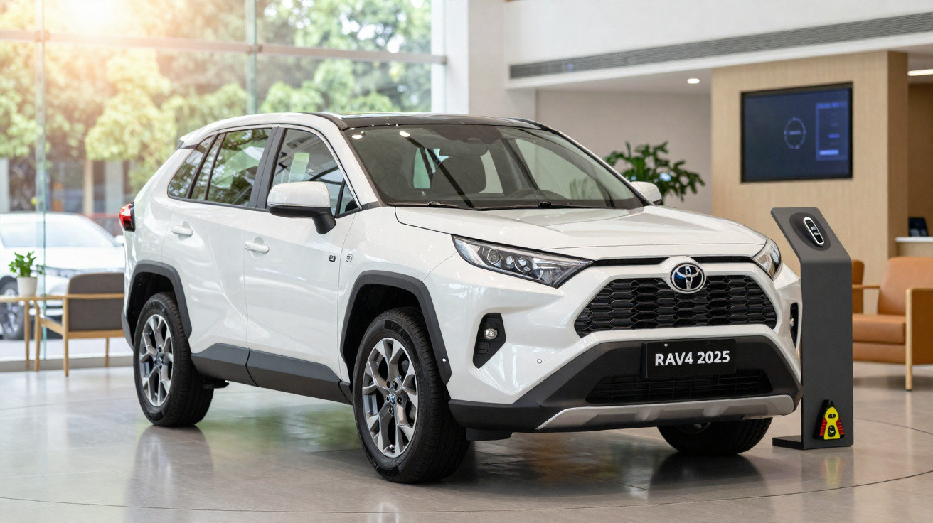 Weisser Toyota RAV4 2025 SUV in Autoausstellung mit Ladestation im modernen Innenraum.