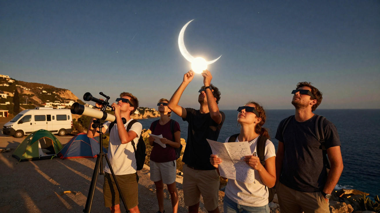 Fünf Personen mit Schutzbrillen beobachten eine Sonnenfinsternis bei Meer und Campingzelten am Abend.