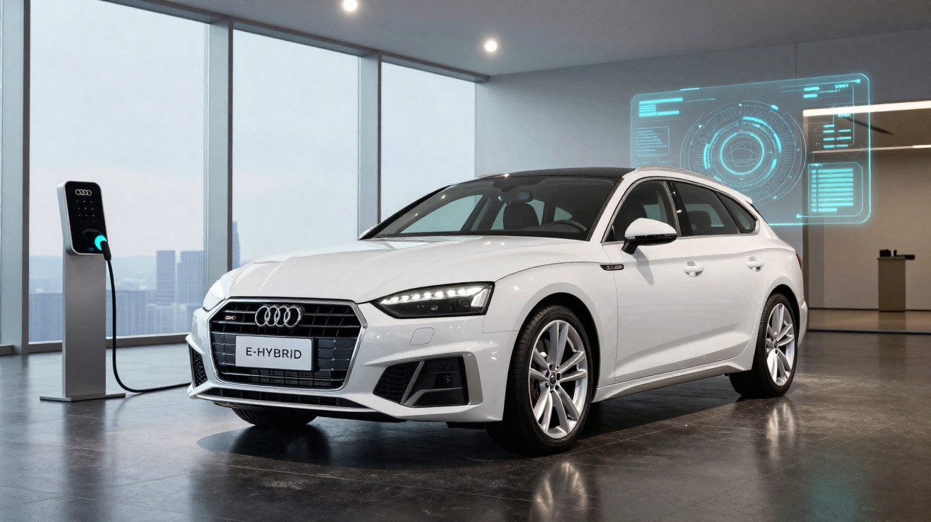 Weisser Audi E-Hybrid Kombi lädt an Ladestation in modernem Showroom mit digitaler Anzeige.