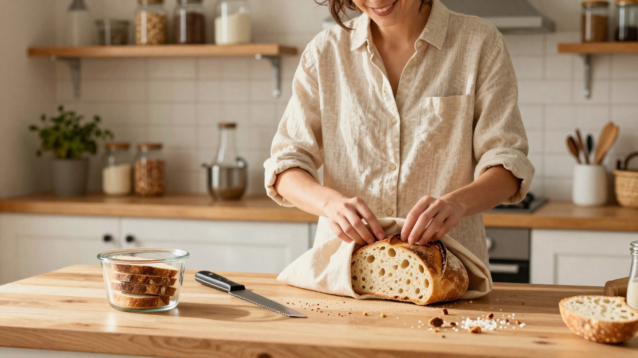 Frau in heller Bluse wickelt frisch gebackenes Brot in ein Tuch in einer hellen Küche mit Holzarbeitsplatte.